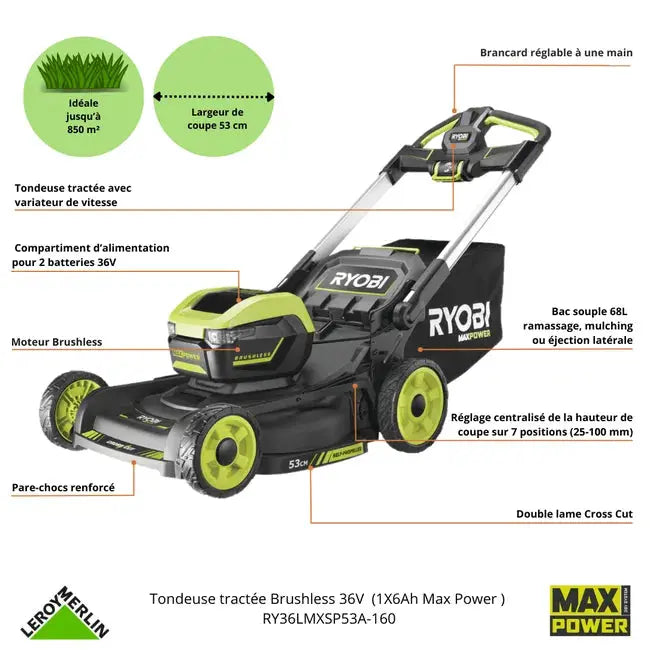 Tondeuse sur batterie 36V, RYOBI Ry36lmxsp53a-160, 53 cm JARDINS LOISIRS