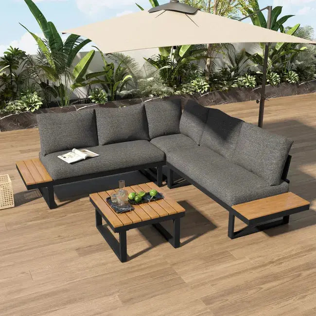 Salon de jardin modulable en fer galvanisé : 1 canapé 2 places + 1 canapé relevable 2 places + 1 table basse - Gris JARDINS LOISIRS