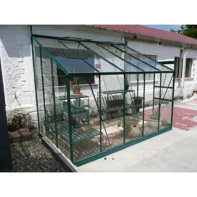 Serre adossée Rubis 6m² en aluminium laqué vert et verre trempé avec base JARDINS LOISIRS