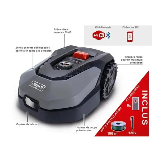 Robot tondeuse connecté 400m2 Scheppach RoboCut L500 avec station de recharge | Jusqu'a 400 m² | Capteur de pluie | WiFi & BT JARDINS LOISIRS