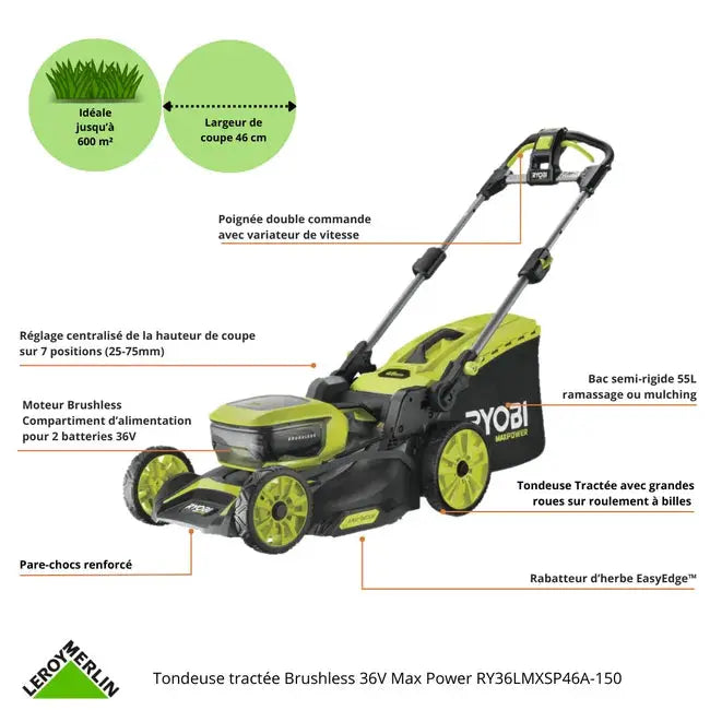 Tondeuse sur batterie brushless RYOBI Ry36lmxsp46a-150 36V, 46cm, 1 batterie 5Ah JARDINS LOISIRS