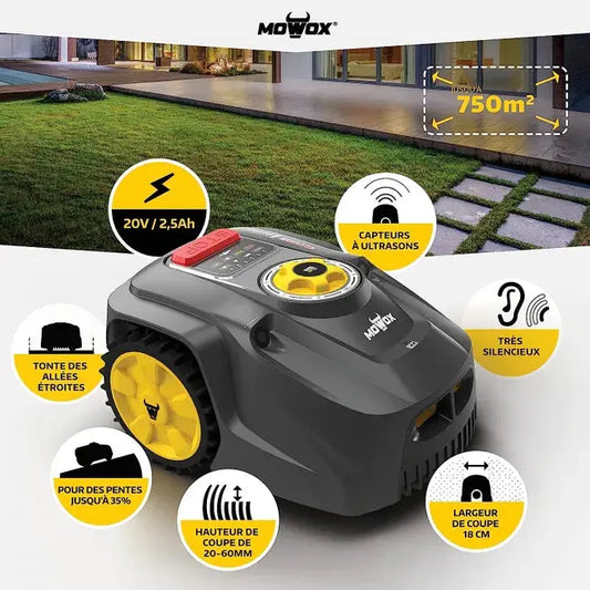 Robot Tondeuse Mowox 20V/2,5Ah - 18 cm de coupe - Bluetooth - Appli Smartphone pour programmation - jardins jusqu'à 750m² JARDINS LOISIRS