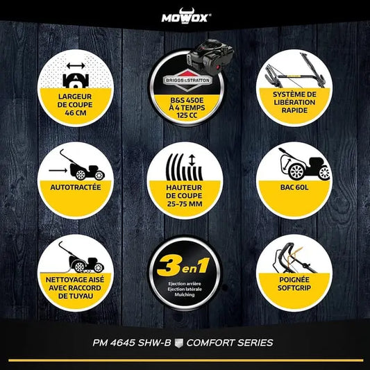 Mowox PM 4645 SHW-B - Tondeuse thermique tractée Mowox - carter 3en1 de 46 cm en acier JARDINS LOISIRS