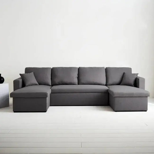 Canapé panoramique convertible en tissu gris foncé. 4 places. coffre rangement. lit modulable URBAN JARDINS LOISIRS