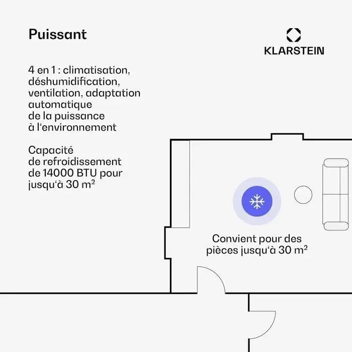 Klarstein AireLux Climatiseur mobile Smart 14000 BTU 390 m³/h Ventilateur déshumidificateur Contrôle par app jusqu'à 30 m² Gris JARDINS LOISIRS