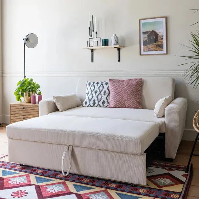 Loungitude - Canapé convertible express 3 places AGATHE en velours côtelé - Matelas 13cm - Taupe - 140x190cm JARDINS LOISIRS