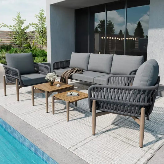 Salon de jardin modulable 5 places en acier galvanisé : 1 canapé 3 places + 2 fauteuils + tables basses gigognes - Gris JARDINS LOISIRS