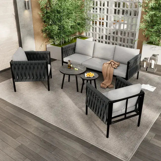 Salon de jardin modulable en acier galvanisé 5 places : 1 canapé 3 places + 2 fauteuils + tables gigognes rondes - Gris JARDINS LOISIRS