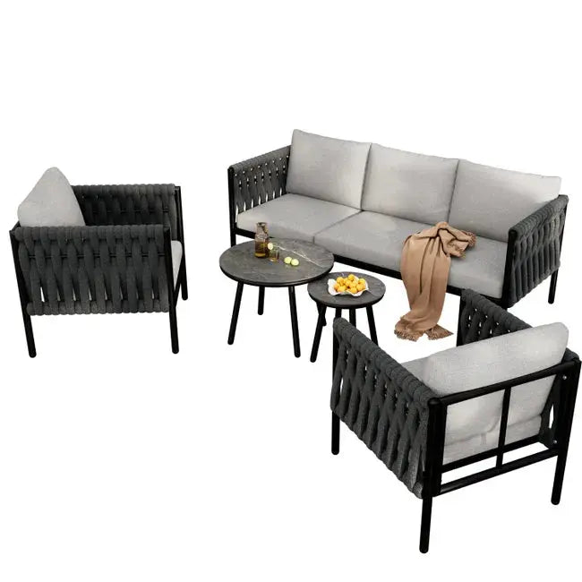 Salon de jardin modulable en acier galvanisé 5 places : 1 canapé 3 places + 2 fauteuils + tables gigognes rondes - Gris JARDINS LOISIRS