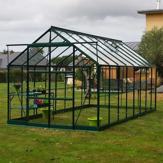 Serre Jade 11,80m² en aluminium laqué vert et verre trempé avec base JARDINS LOISIRS