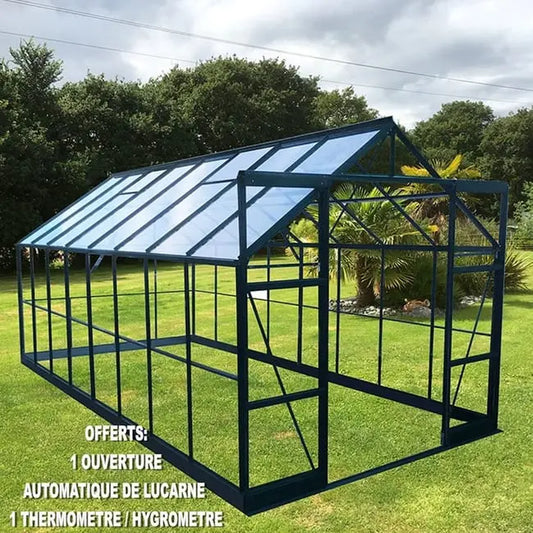 Serre Jade 11,80m² en aluminium laqué vert et verre trempé avec base JARDINS LOISIRS