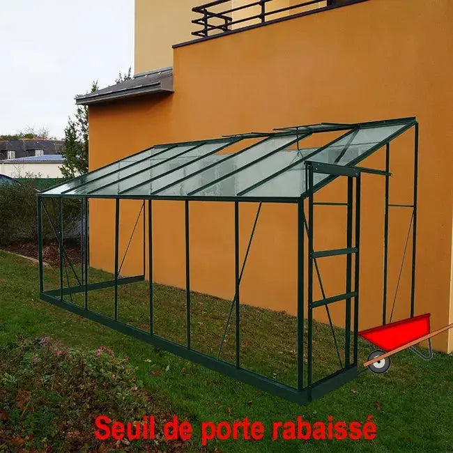 Serre adossée Rubis 6m² en aluminium laqué vert et verre trempé avec base JARDINS LOISIRS