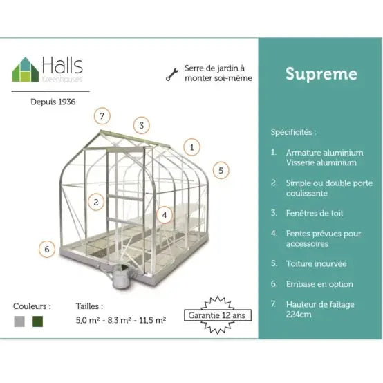 Serre de jardin Supreme verre trempé 5 m² vert + embase - Halls JARDINS LOISIRS