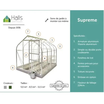 Serre de jardin Supreme verre trempé 5 m² vert + embase - Halls JARDINS LOISIRS