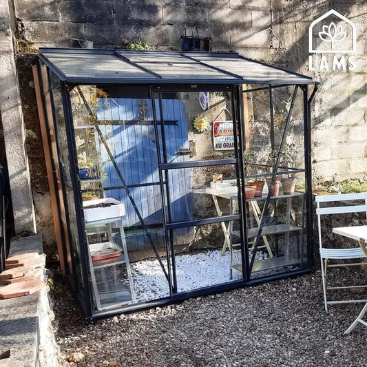 Serre de jardin adossée aluminium et verre trempé LAMS Melissa 5200 gris, 2.5 m² JARDINS LOISIRS