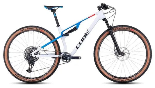 VTT Tout-Suspendu Cube AMS Zero99 C:68X SLX 29 Sram GX Eagle AXS 12V 29'' Blanc Bleu Teamline JARDINS LOISIRS