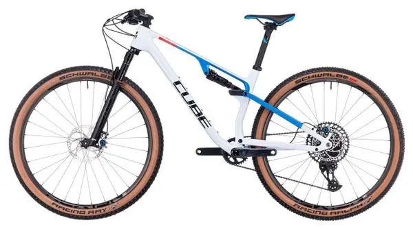 VTT Tout-Suspendu Cube AMS Zero99 C:68X SLX 29 Sram GX Eagle AXS 12V 29'' Blanc Bleu Teamline JARDINS LOISIRS
