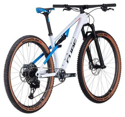 VTT Tout-Suspendu Cube AMS Zero99 C:68X SLX 29 Sram GX Eagle AXS 12V 29'' Blanc Bleu Teamline JARDINS LOISIRS