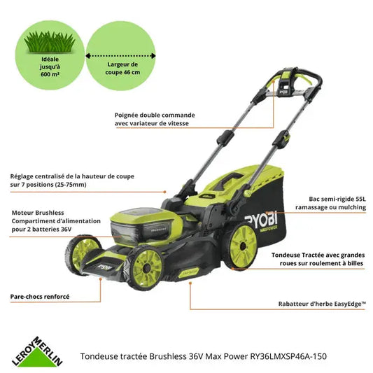 Tondeuse sur batterie brushless RYOBI Rlm36x46h50pg 36V, 46 cm, 1 batterie 5Ah JARDINS LOISIRS
